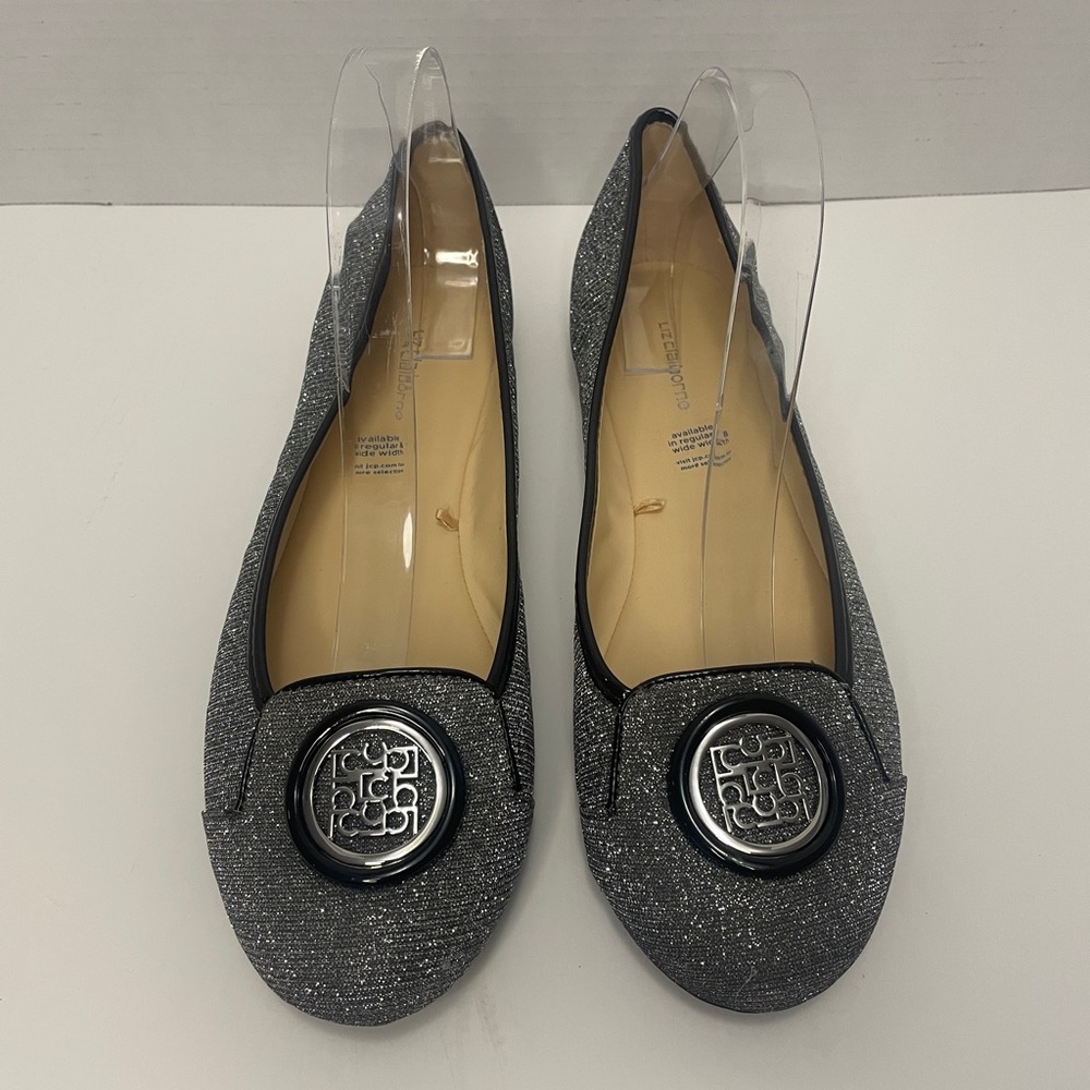 Liz Claiborne Selma Silver Flats • Size 9.5W • Metallic Slip-On Shoes